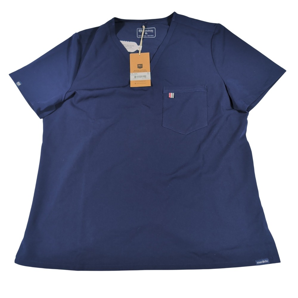 Mediclo Scrub Top Mens XL Navy Blue V-Neck Recycled Polyester Spandex Pocket
